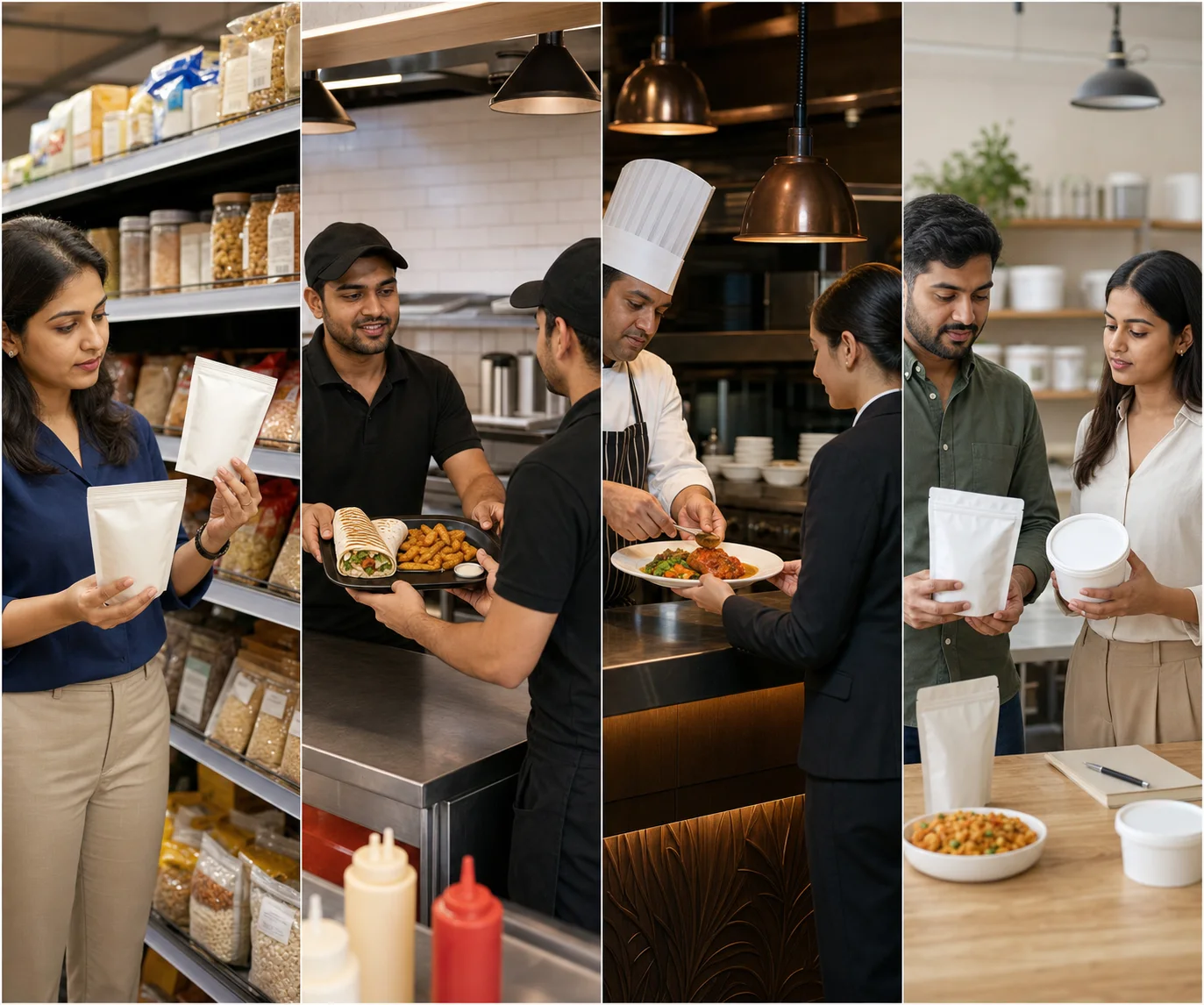 Four distinct customer contexts showing packaged-food retail, quick-service handoff, hospitality service and private-label pack review