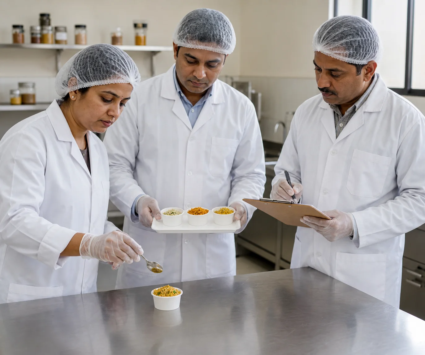 Food-application professionals in protective coats and hair covers preparing, comparing and recording a finished-food trial