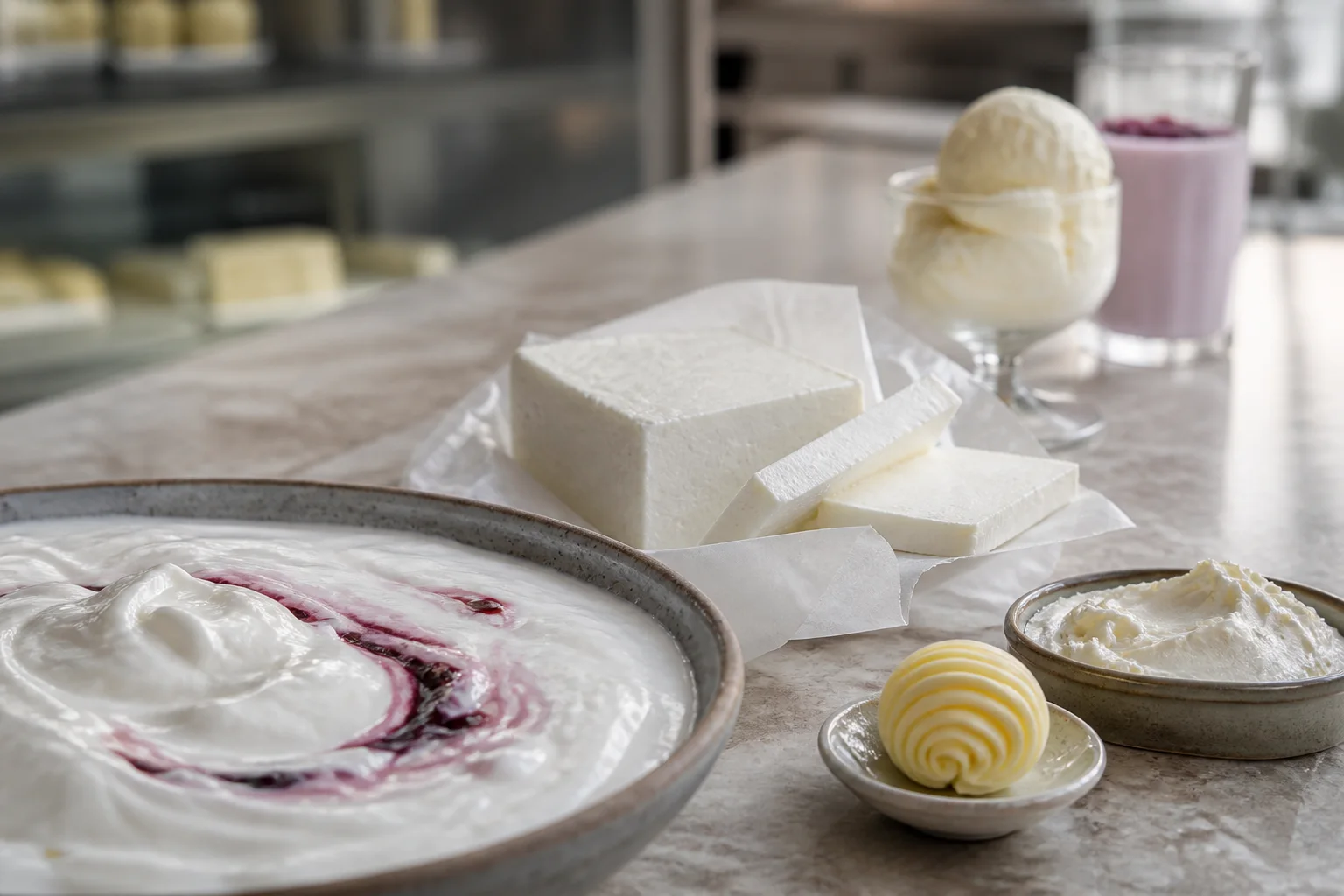 Yoghurt, paneer, butter, cheese spread, frozen dessert and flavoured milk dairy contexts