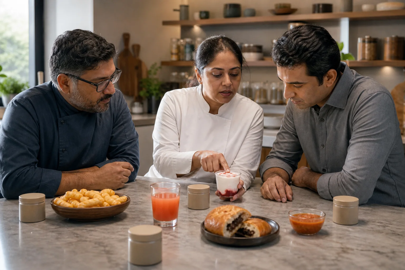 Food professionals reviewing snack, dairy, beverage, bakery and culinary product samples